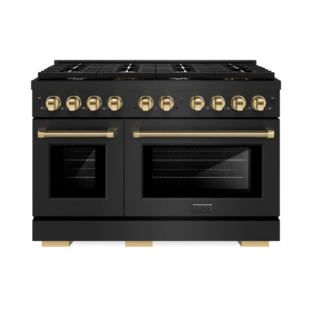 ZLINE Autograph 48-Inch Paramount Gas Range in Black Stainless Steel with Gold Helix Handles (SGRBZ-48-KG)