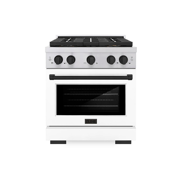 ZLINE Autograph Edition 30-Inch 4.2 cu. ft. Paramount Gas Range with 4 Burner DuoPro™ Cooktop and Convection Gas Oven in Stainless Steel with White Matte Door and Matte Black Accents (PSGRZ-WM-30-MB)
