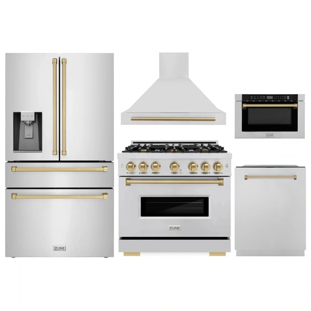 ZLINE 5-Piece Appliance Package - 36-Inch Gas Range, Hood, Refrigerator with Water Dispenser, Dishwasher, and Microwave Drawer in Stainless Steel with Champagne Bronze Accents
