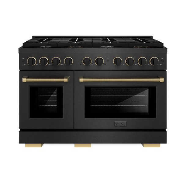 ZLINE Designer 48-Inch 6.7 Cu. Ft. Double Oven Gas Range with 8 Burner Cooktop in Black Satin with Black and Champagne Accents (SGRBSZ-48-MBCB)