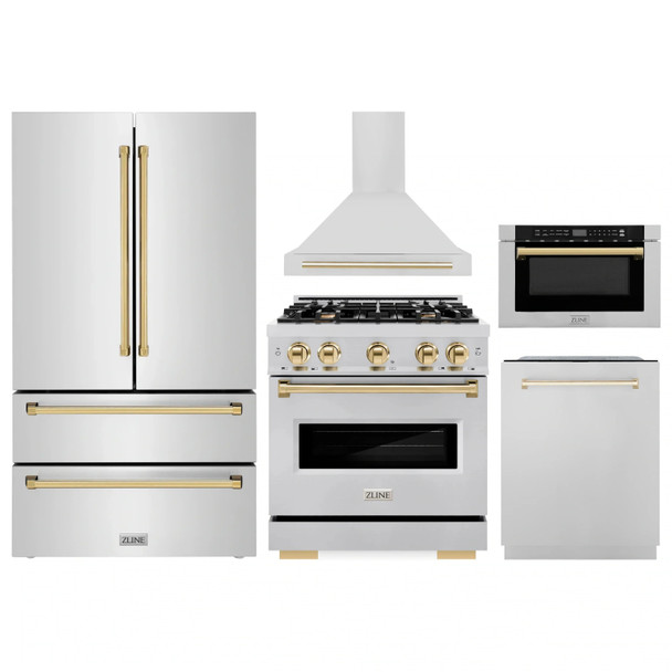 ZLINE 5-Piece Appliance Package - 30-Inch Dual Fuel Range, Hood, Refrigerator, Dishwasher, and Microwave Drawer in Stainless Steel with Gold Accents