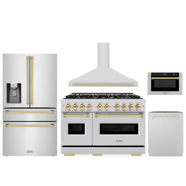 ZLINE 5-Piece Appliance Package - 48-Inch Dual Fuel Range, Hood, Refrigerator with Water Dispenser, Dishwasher, and Microwave Drawer in Stainless Steel with Gold Accents