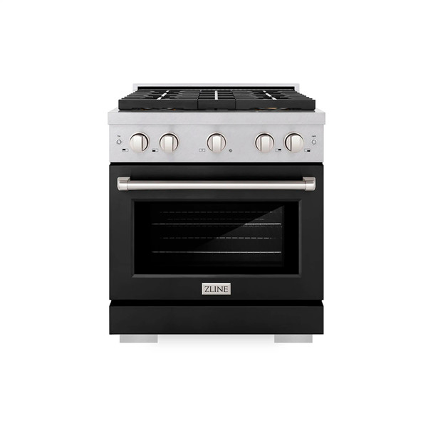 ZLINE 30-Inch 4.2 cu. ft. Paramount Dual Fuel Range with 4 Burner DuoPro™ Cooktop and Electric Convection Oven in Satin Stainless Steel with Black Matte Door (PSDRS-BLM-30)