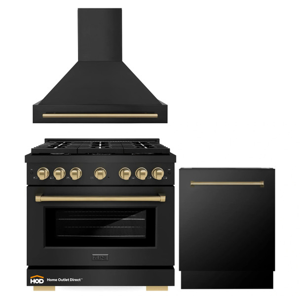 ZLINE Autograph Edition 3-Piece Appliance Package - 36-Inch Gas Range, Wall Mounted Range Hood, & 24-Inch Tall Tub Dishwasher in Black Stainless Steel with Champagne Bronze Trim (3AKP-SGRBRHDWV36-CB)