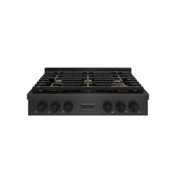 ZLINE 36-Inch Paramount Gas Rangetop with 6 Brass Burners and Porcelain Cooktop in Black Satin Stainless Steel (SRTBS-BR-36)