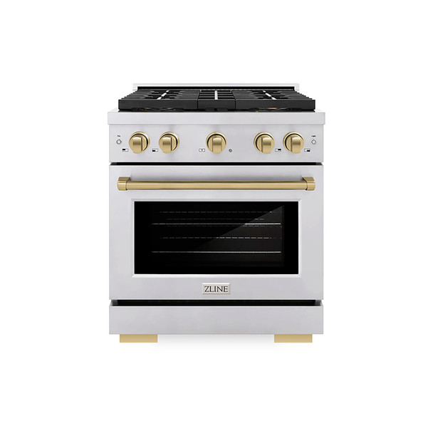 ZLINE Autograph Edition 30-Inch 4.2 cu. ft. Paramount Gas Range with 4 Burner DuoPro™ Cooktop and Convection Gas Oven in Stainless Steel with Champagne Bronze Accents (PSGRZ-30-CB)