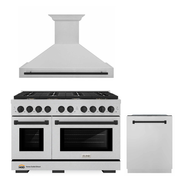 ZLINE 48-Inch Autograph Edition Kitchen Package with Satin Stainless Steel Gas Range, Wall Mount Range Hood and Dishwasher with Matte Black Accents (3AKPR-SGRSRHDWM48-MB)