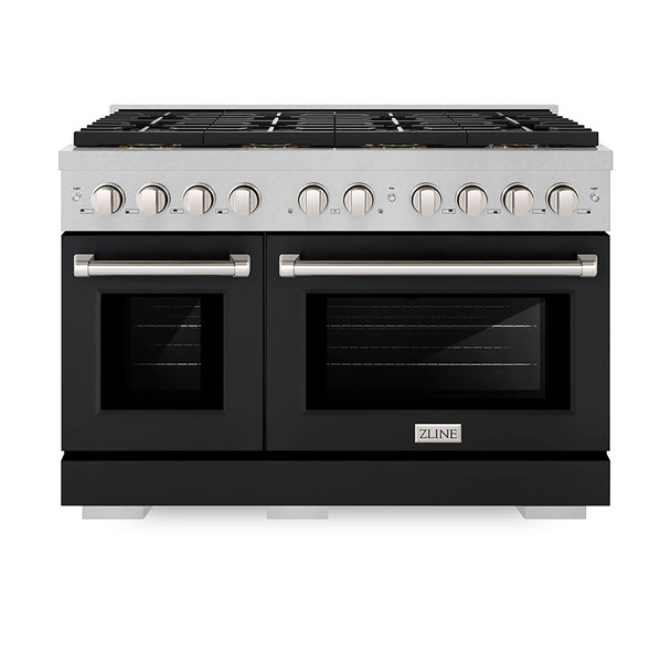 ZLINE 48-Inch 6.7 cu. ft. Paramount Dual Fuel Range with 8 Burner DuoPro™ Cooktop and Dual Ovens in Satin Stainless Steel with Black Matte Doors (PSDRS-BLM-48)