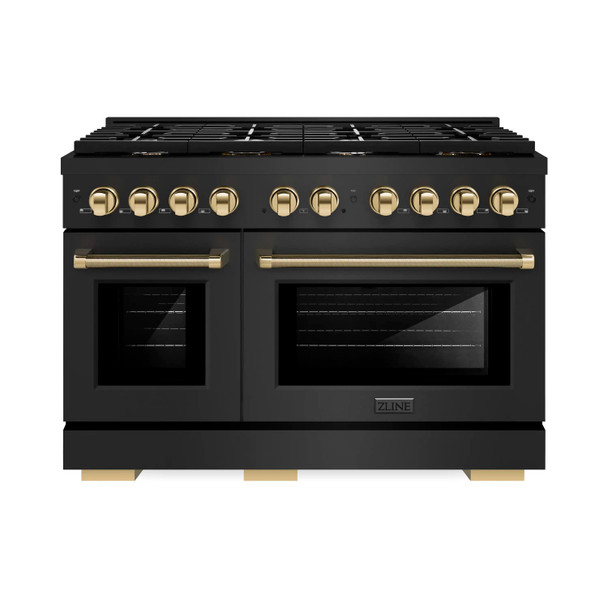 ZLINE Autograph 48-Inch Paramount Dual Fuel Range in Black Stainless Steel and Gold Helix Handles (SDRBZ-48-KG)