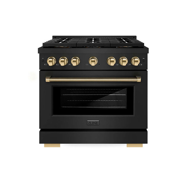 ZLINE Autograph 36-Inch Paramount DuoPro Gas Range in Black Stainless Steel with Polished Gold Helix Handles (PSGRBZ-36-KG)