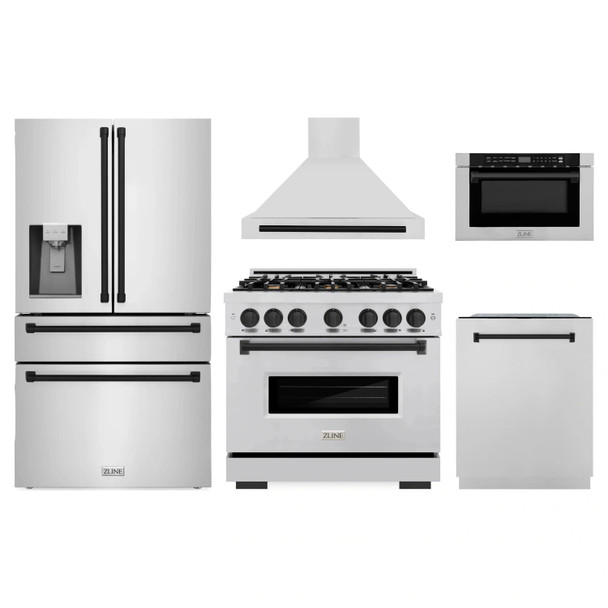 ZLINE 5-Piece Appliance Package - 36-Inch Dual Fuel Range, Hood, Refrigerator with Water Dispenser, Dishwasher, and Microwave Drawer in Stainless Steel with Matte Black Accents