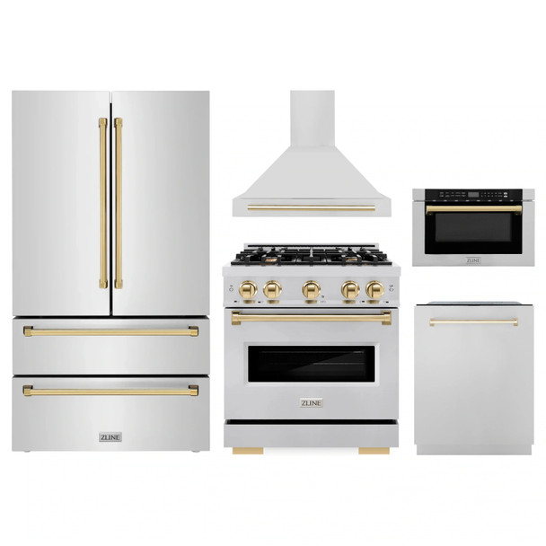 ZLINE 5-Piece Appliance Package - 30-Inch Gas Range, Hood, Refrigerator, Dishwasher, and Microwave Drawer in Stainless Steel with Gold Accents