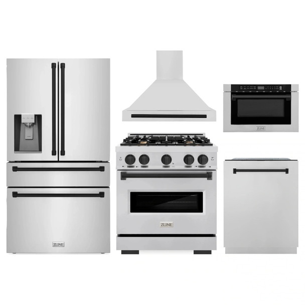 ZLINE 5-Piece Appliance Package - 30-Inch Dual Fuel Range, Hood, Refrigerator with Water Dispenser, Dishwasher, and Microwave Drawer in Stainless Steel with Matte Black Accents