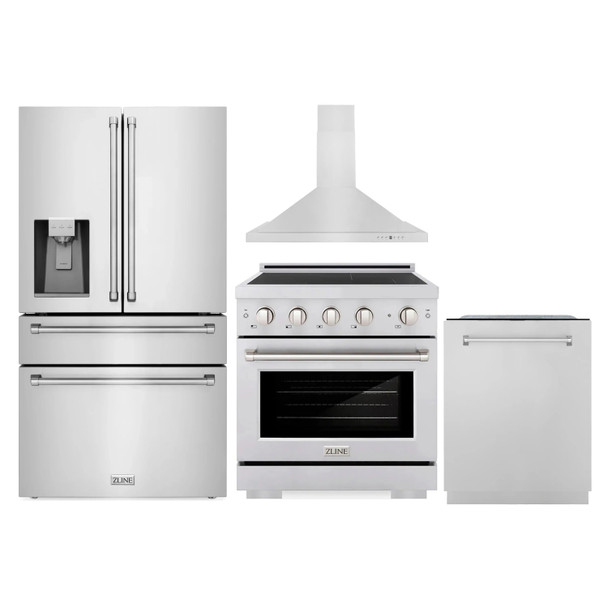 ZLINE 4-Piece Appliance Package - 30-Inch Paramount Induction Range, Wall Mount Range Hood, 36-Inch French Door Refrigerator with Water Dispenser, and Dishwasher in Stainless Steel