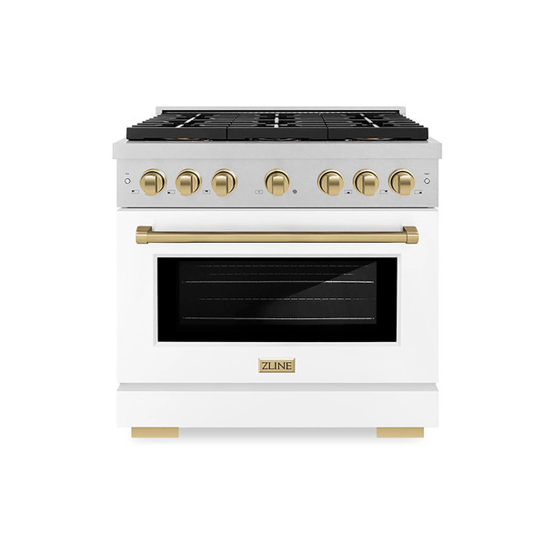 ZLINE Autograph Edition 36-Inch 5.2 cu. ft. Paramount Dual Fuel Range with 6 Burner DuoPro™ Cooktop and Electric Convection Oven in Satin Stainless Steel with White Matte Door and Champagne Bronze Accents (PSDRSZ-WM-36-CB)