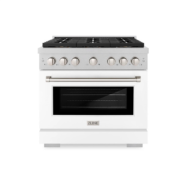 ZLINE 36-Inch 5.2 cu. ft. Paramount Gas Range with 6 Burner DuoPro™ Cooktop and Convection Gas Oven in Satin Stainless Steel with White Matte Door (PSGRS-WM-36)