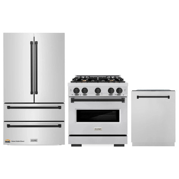 ZLINE 3-Piece Appliance Package - 30-Inch Dual Fuel Range, Refrigerator, and Dishwasher in Stainless Steel with Matte Black Accents