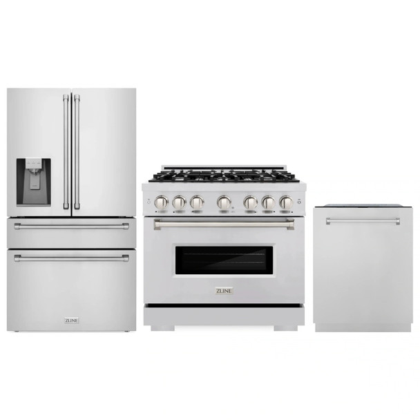 ZLINE 3-Piece Appliance Package - 36-Inch Gas Range, Refrigerator with Water Dispenser, and Dishwasher in Stainless Steel