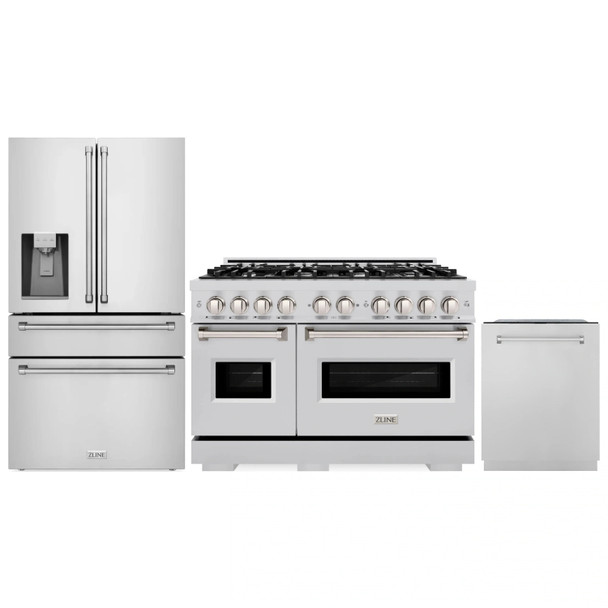ZLINE 3-Piece Appliance Package - 48-Inch Dual Fuel Range, Refrigerator with Water Dispenser, and Dishwasher in Stainless Steel