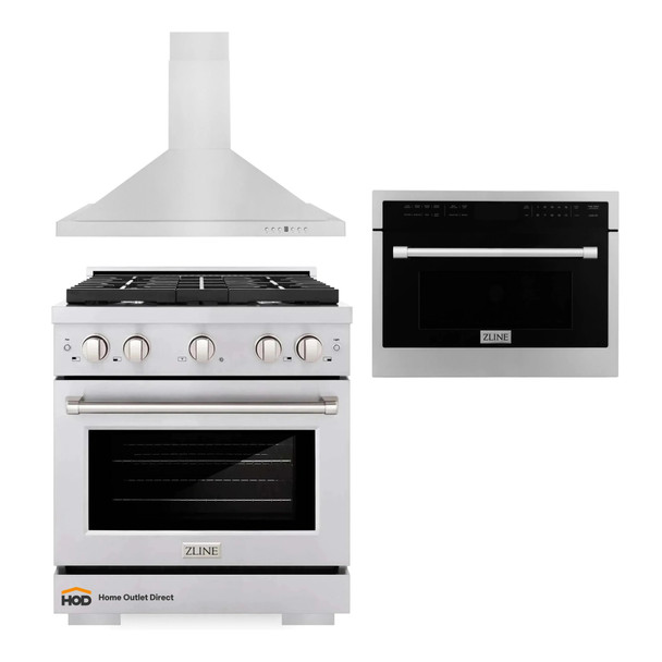 ZLINE 3-Piece Appliance Package - 30-Inch Gas Range, Premium Hood & Microwave Oven in Stainless Steel (3KP-SGRRHMWO-30)