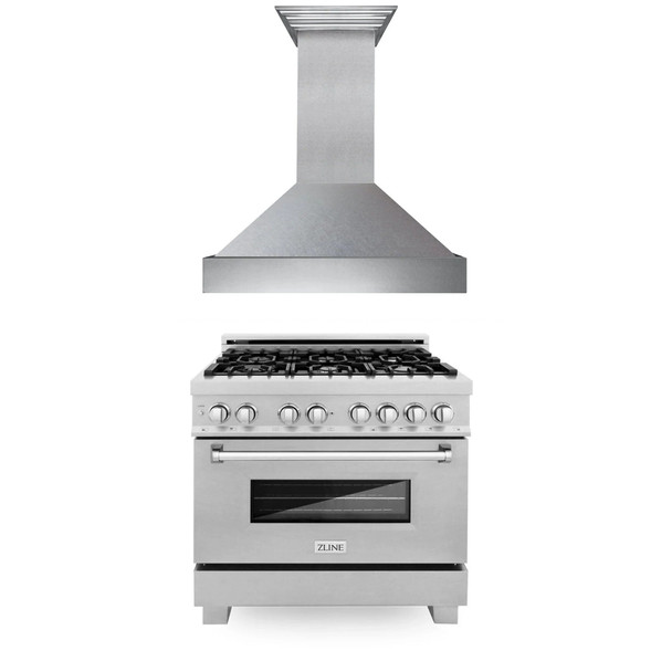 ZLINE 2-Piece Appliance Package - 36-inch Dual Fuel Range & Premium Wall Mount Range Hood in Satin Stainless Steel (2KP-RASSNRH36)