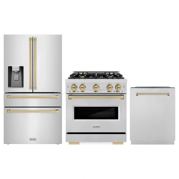 ZLINE 3-Piece Appliance Package - 30-Inch Gas Range, Refrigerator with Water Dispenser, and Dishwasher in Stainless Steel with Champagne Bronze Accents
