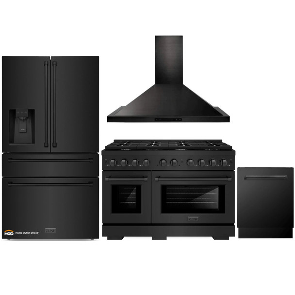 ZLINE 4-Piece Appliance Package - 48-Inch Gas Range, Refrigerator with Water Dispenser, Convertible Wall Mount Hood, and 3-Rack Dishwasher in Black Stainless Steel (4KPRW-SGRBRH48-DWV)