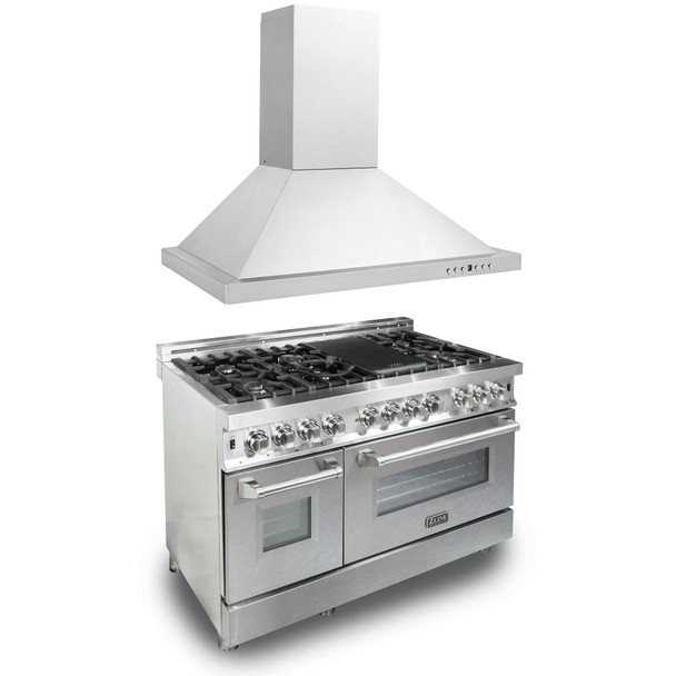 ZLINE 2-Piece Appliance Package - 48-inch Dual Fuel Range in Stainless Steel with Satin Stainless Steel Door & Convertible Wall Mount Hood in Stainless Steel (2KP-RASNRH48)
