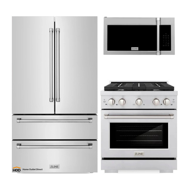 ZLINE 3-Piece Appliance Package - 30-Inch Gas Range, Refrigerator, & Over-the-Range Microwave/Vent Hood Combo (3KPR-SGROTRH30)
