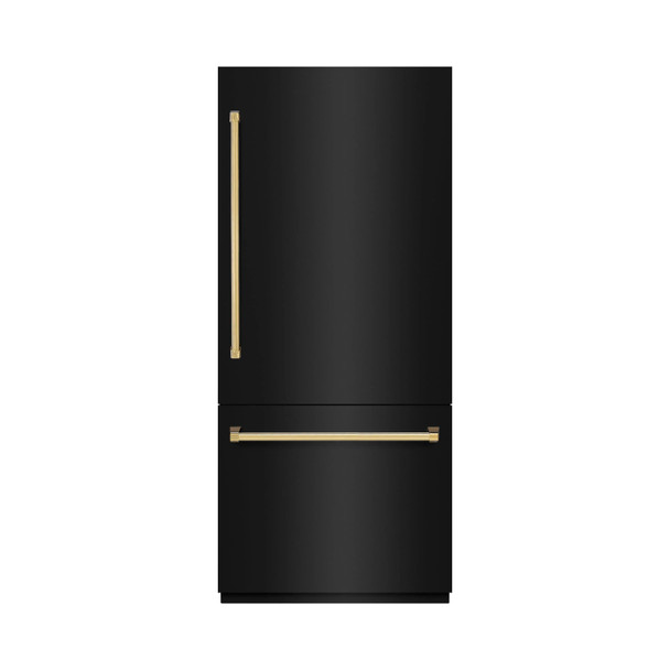 ZLINE Autograph Edition 36-Inch 19.8 cu. ft. Built-In Bottom Freezer Refrigerator with Water Dispenser and Ice Maker in Black Stainless Steel with Graphite Gray Interior and Polished Gold Accents (GRBITZ-BS-36-G)