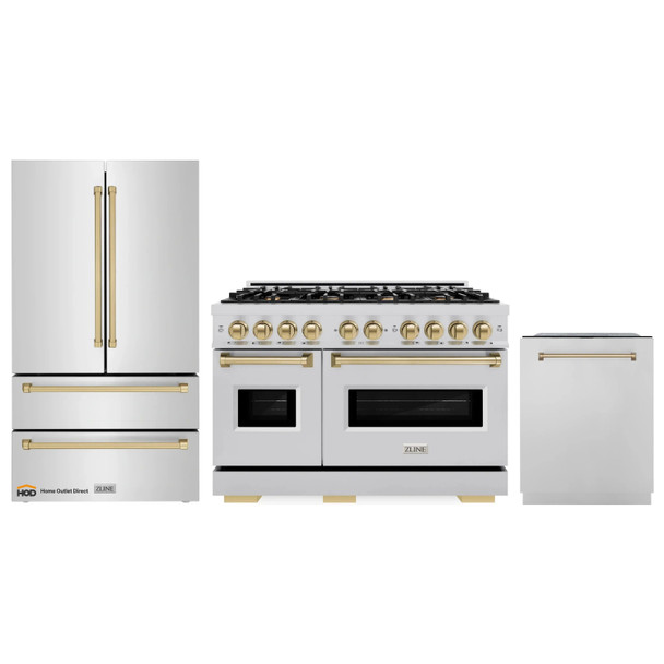 ZLINE 3-Piece Appliance Package - 48-Inch Gas Range, Refrigerator, and Dishwasher in Stainless Steel with Champagne Bronze Accents