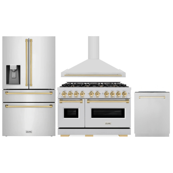 ZLINE 4-Piece Appliance Package - 48-Inch Gas Range, Hood, Refrigerator with Water Dispenser, and Dishwasher in Stainless Steel with Gold Accents