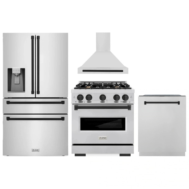 ZLINE 4-Piece Appliance Package - 30-Inch Gas Range, Hood, Refrigerator with Water Dispenser, and Dishwasher in Stainless Steel with Matte Black Accents