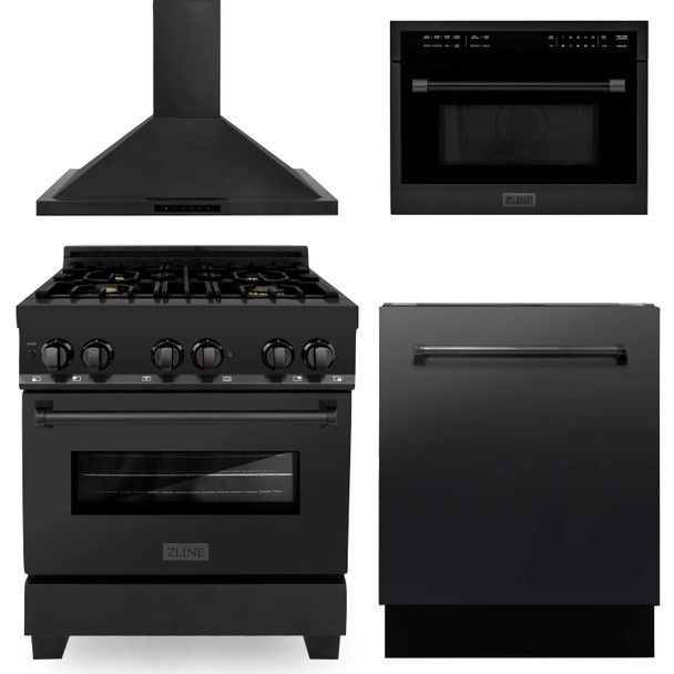 ZLINE 4-Piece Appliance Package - 30-Inch Dual Fuel Range with Brass Burners, Convertible Wall Mount Hood, Microwave Oven, and 3-Rack Dishwasher in Black Stainless Steel (4KP-RABRH30-MODWV)
