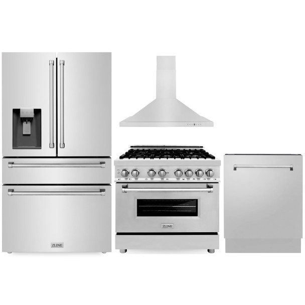 ZLINE 4-Piece Appliance Package - 36-Inch Dual Fuel Range, Refrigerator with Water Dispenser, Convertible Wall Mount Hood, and 3-Rack Dishwasher in Stainless Steel (4KPRW-RARH36-DWV)