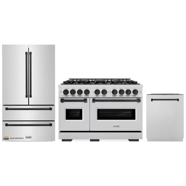 ZLINE 3-Piece Appliance Package - 48-Inch Dual Fuel Range, Refrigerator, and Dishwasher in Stainless Steel with Matte Black Accents