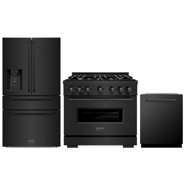 ZLINE 3-Piece Appliance Package - 36-Inch Gas Range, Refrigerator with Water Dispenser, and Dishwasher in Black Stainless Steel