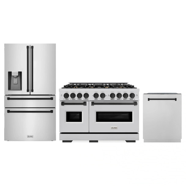 ZLINE 3-Piece Appliance Package - 48-Inch Dual Fuel Range, Refrigerator with Water Dispenser, and Dishwasher in Stainless Steel with Matte Black Accents