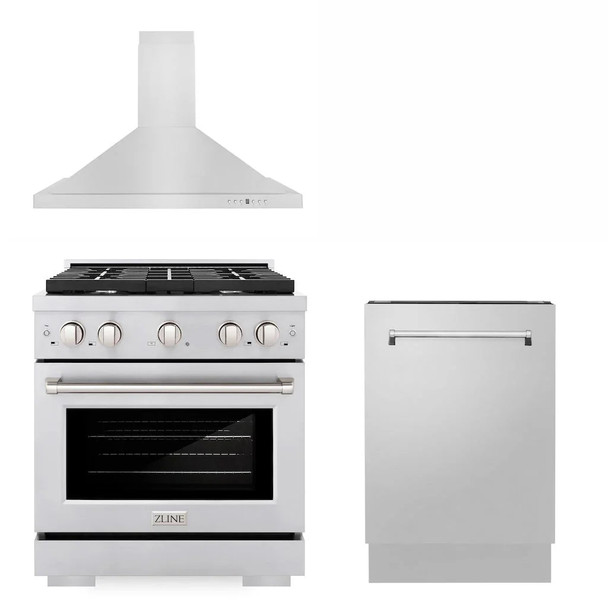 ZLINE 3-Piece Appliance Package - 30-inch Gas Range, Tall Tub Dishwasher & Premium Hood in Stainless Steel (3KP-SGRRH30-DWV)