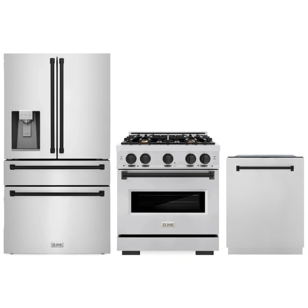 ZLINE 3-Piece Appliance Package - 30-Inch Dual Fuel Range, Refrigerator with Water Dispenser, and Dishwasher in Stainless Steel with Matte Black Accents