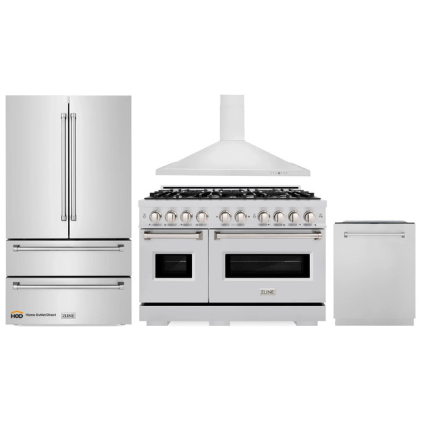 ZLINE 4-Piece Appliance Package - 48-Inch Dual Fuel Range, Hood, Refrigerator, and Dishwasher in Stainless Steel