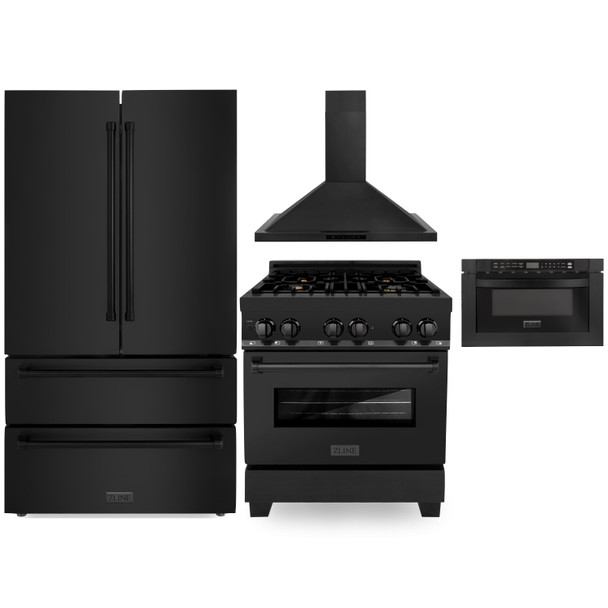 ZLINE 4-Piece Appliance Package - 30-Inch Dual Fuel Range with Brass Burners, Refrigerator, Convertible Wall Mount Hood, and Microwave Drawer in Black Stainless Steel (4KPR-RABRH30-MW)