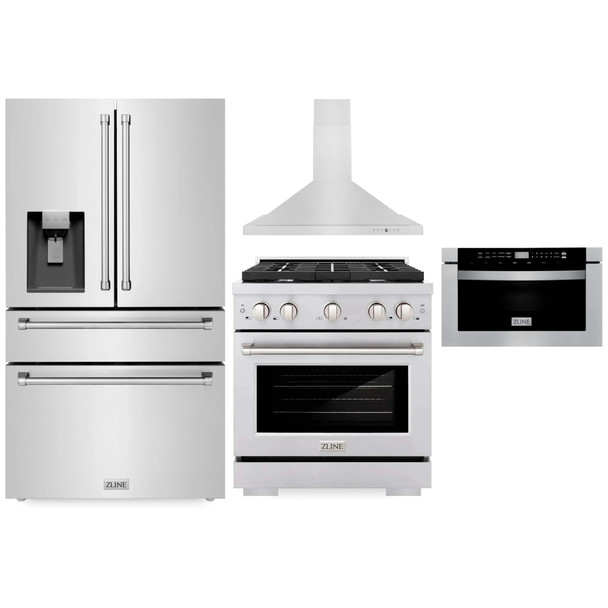 ZLINE 4-Piece Appliance Package - 30-Inch Gas Range, Refrigerator with Water Dispenser, Convertible Wall Mount Hood, and Microwave Drawer in Stainless Steel (4KPRW-SGRRH30-MWD)