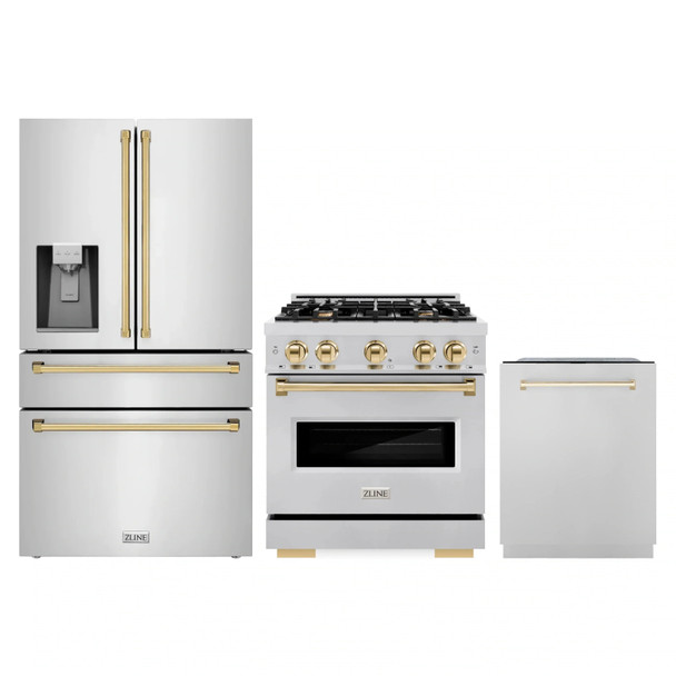 ZLINE 3-Piece Appliance Package - 30-Inch Dual Fuel Range, Refrigerator with Water Dispenser, and Dishwasher in Stainless Steel with Gold Accents