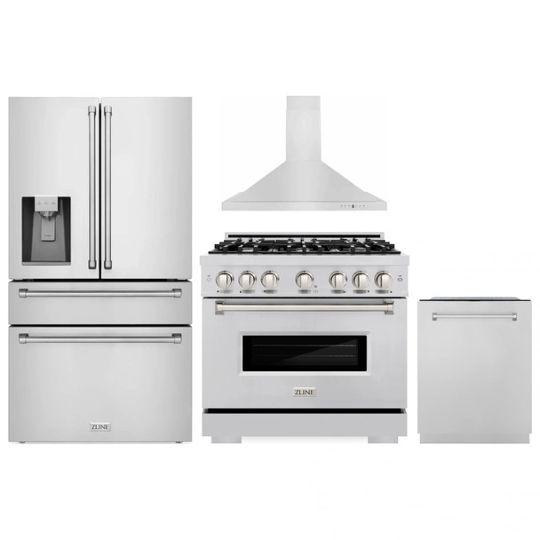 ZLINE 4-Piece Appliance Package - 36-Inch Dual Fuel Range, Hood, Refrigerator with Water Dispenser, and Dishwasher in Stainless Steel