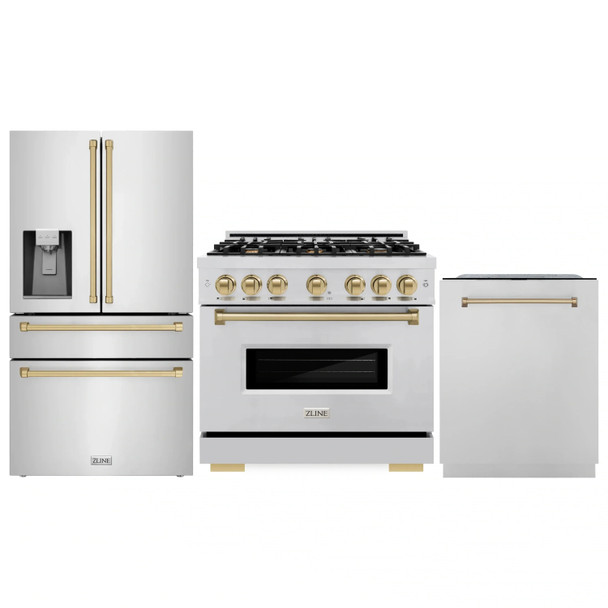 ZLINE 3-Piece Appliance Package - 36-Inch Gas Range, Refrigerator with Water Dispenser, and Dishwasher in Stainless Steel with Champagne Bronze Accents