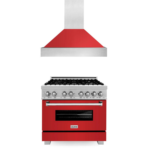 ZLINE 2-Piece Appliance Package - 36-inch Dual Fuel Range & Premium Hood in Satin Stainless Steel with Red Matte (2KP-RASRMRH36)