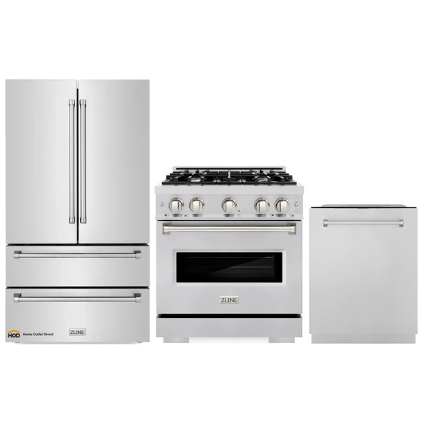 ZLINE 3-Piece Appliance Package - 30-Inch Dual Fuel Range, Refrigerator, and Dishwasher in Stainless Steel