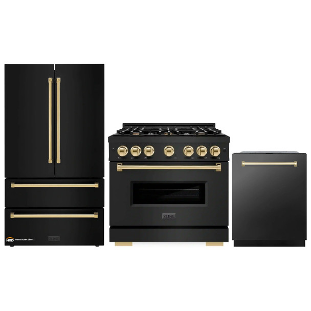 ZLINE 3-Piece Appliance Package - 36-Inch Gas Range, Refrigerator, and Dishwasher in Black Stainless Steel with Gold Accents