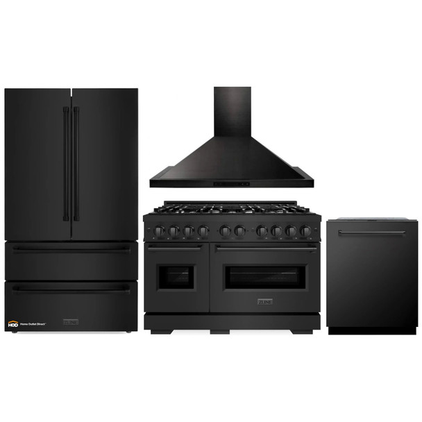 ZLINE 4-Piece Appliance Package - 48-Inch Gas Range, Hood, Refrigerator, and Dishwasher in Black Stainless Steel